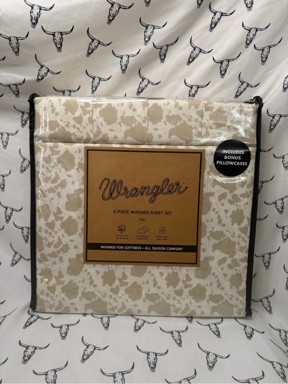 Wrangler Full 6-Piece Washed Sheet Set in Beige Cowhide Print